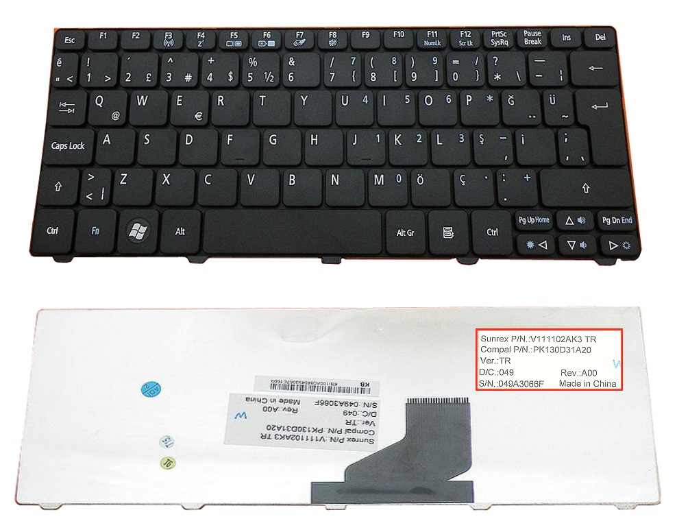 Acer Aspire One 521, 522, 533, D255, D255E, D257, D260, D270, NAV50, NAV70, PAV01, PAV70, ZH9, AO521 AO522 AO533 AOD255 AOD255E AOD257 AOD260 AOD270 ACER 532H Klavye Türkçe