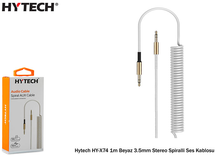 Hytech HY-X74 1m Beyaz 3.5mm Stereo Spiralli Aux Ses Kablosu