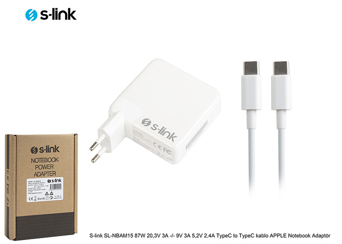 S-link SL-NBAM15 87W 20.3V 3A / 9V 3A / 5.2V 2.4A TypeC to TypeC Kablo Apple Notebook Adaptör