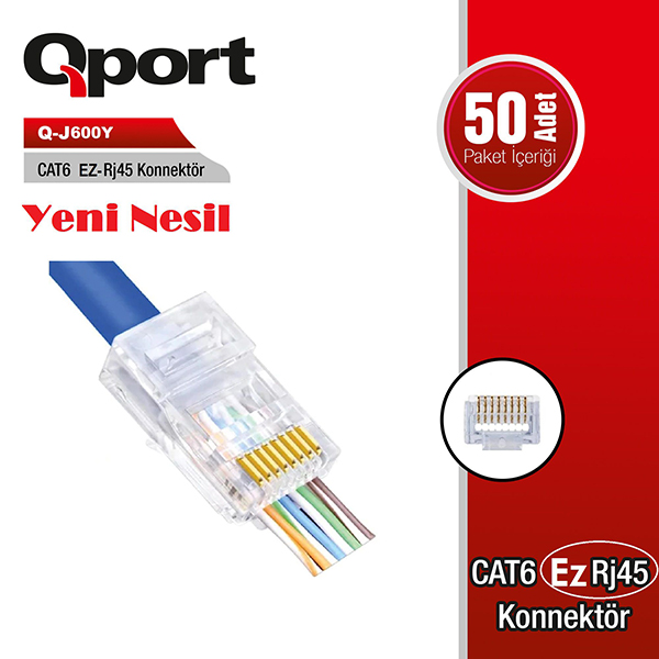 QPort Q-J600Y Rj45 Cat6 Pass Type Ez Konnektör 50 Adet