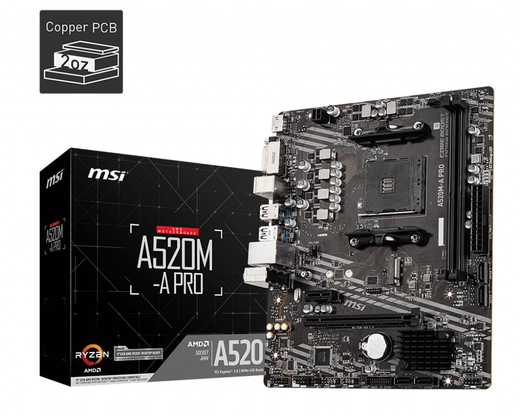 Msi A520M-A Pro AM4 DDR4 4600(OC) M.2 Ses Glan Hdmi/Dvi Sata3 USB3.2 mATX