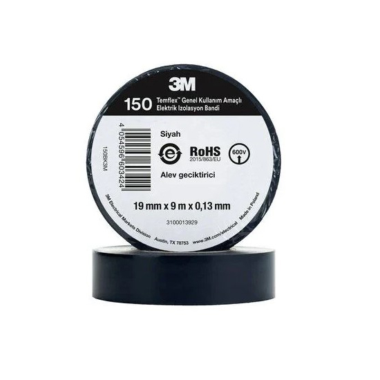3M Temflex 150 19mm 9mtx0.13mm Elektrik İzole Bant Siyah