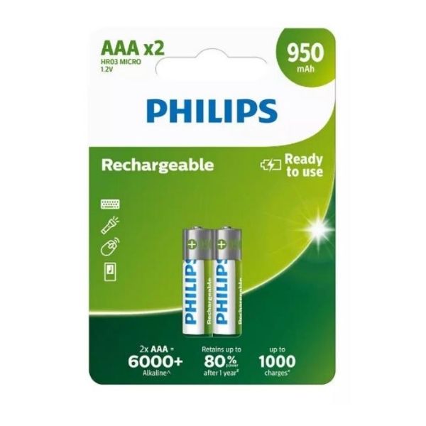 Philips R03B2A95/10 HR03 Micro 1.2V 950 mAh Alkalin Şarj Edilebilir AAA 2 li İnce Pil