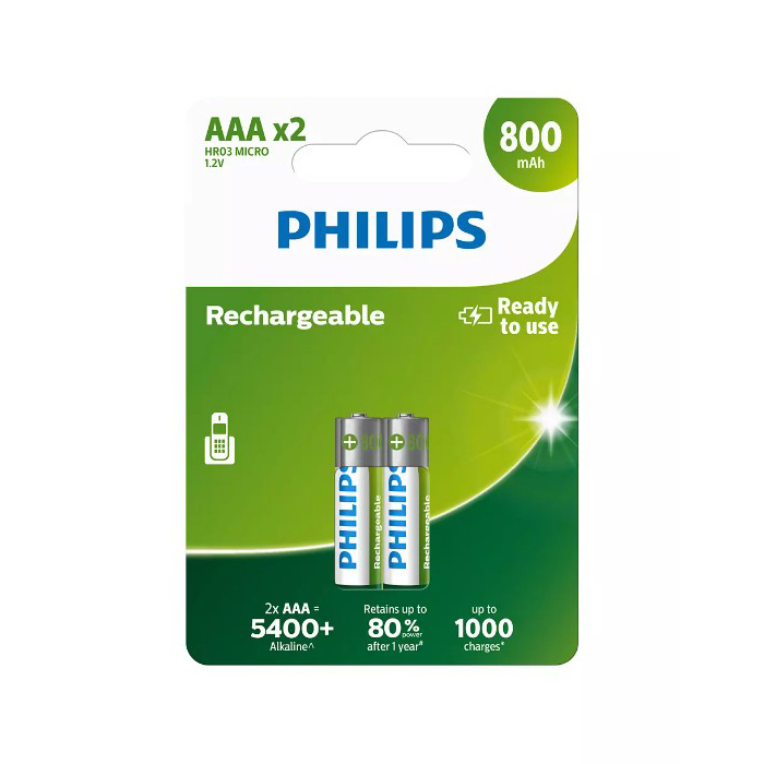 Philips R03B2A80/10 HR03 Micro 1.2V 800 mAh Alkalin Şarj Edilebilir AAA 2 li İnce Pil