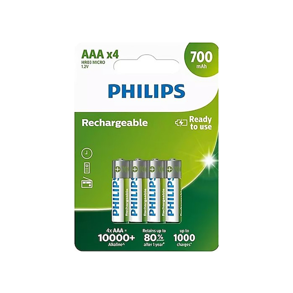 Philips R03B4A70/10 HR03 Micro 1.2V 700 mAh Alkalin Şarj Edilebilir AAA 4 lü İnce Pil
