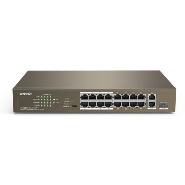 Tenda TEF1118P-16-150W 16 Port 10/100 PoE +2 Uplink +1 SFP Yönetilemez Switch 150W