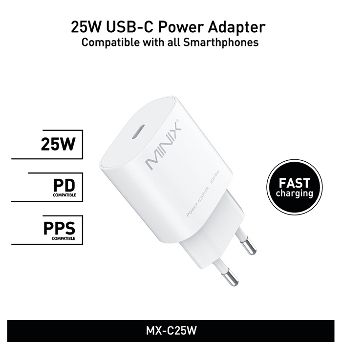 Minix 25Watt USB-C Akıllı Şarj Adaptörü Beyaz