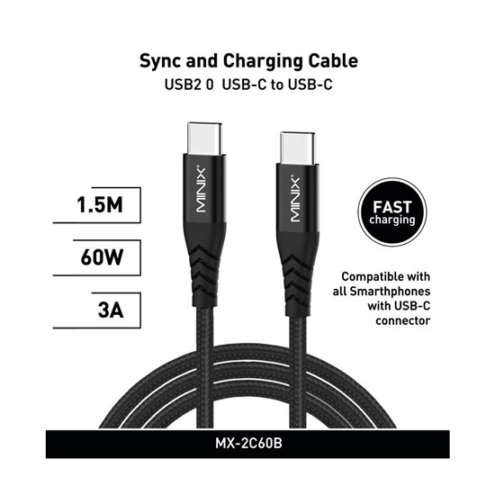 Minix USB-C to USB-C Şarj 60Watt 3 Amper Kablosu 150cm Siyah
