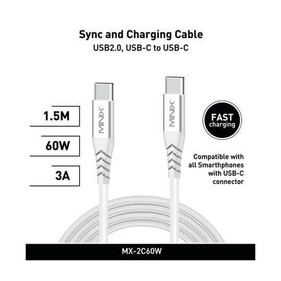 Minix USB-C to USB-C Şarj 60Watt 3 Amper Kablosu 150cm Beyaz