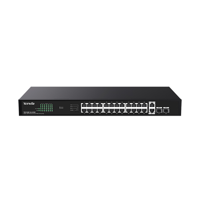 Tenda TEG1128P-24-410W 24 Port 10/100/100 PoE +2 Uplink +2 SFP Yönetilemez Switch 410W