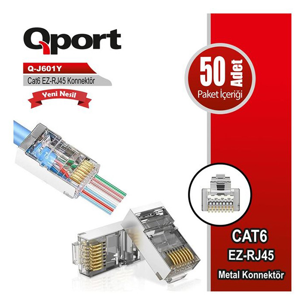 Qport Q-J601Y EZ-RJ45 CAT6 Yeni Nesil Pass Type Konnektör 50 Adet