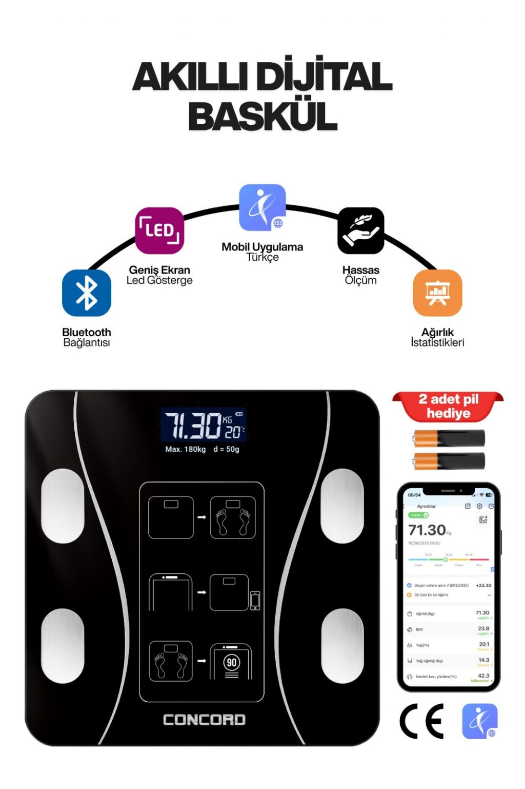 Concord C-W01 Bluetooth Akıllı Dijital Baskül Siyah