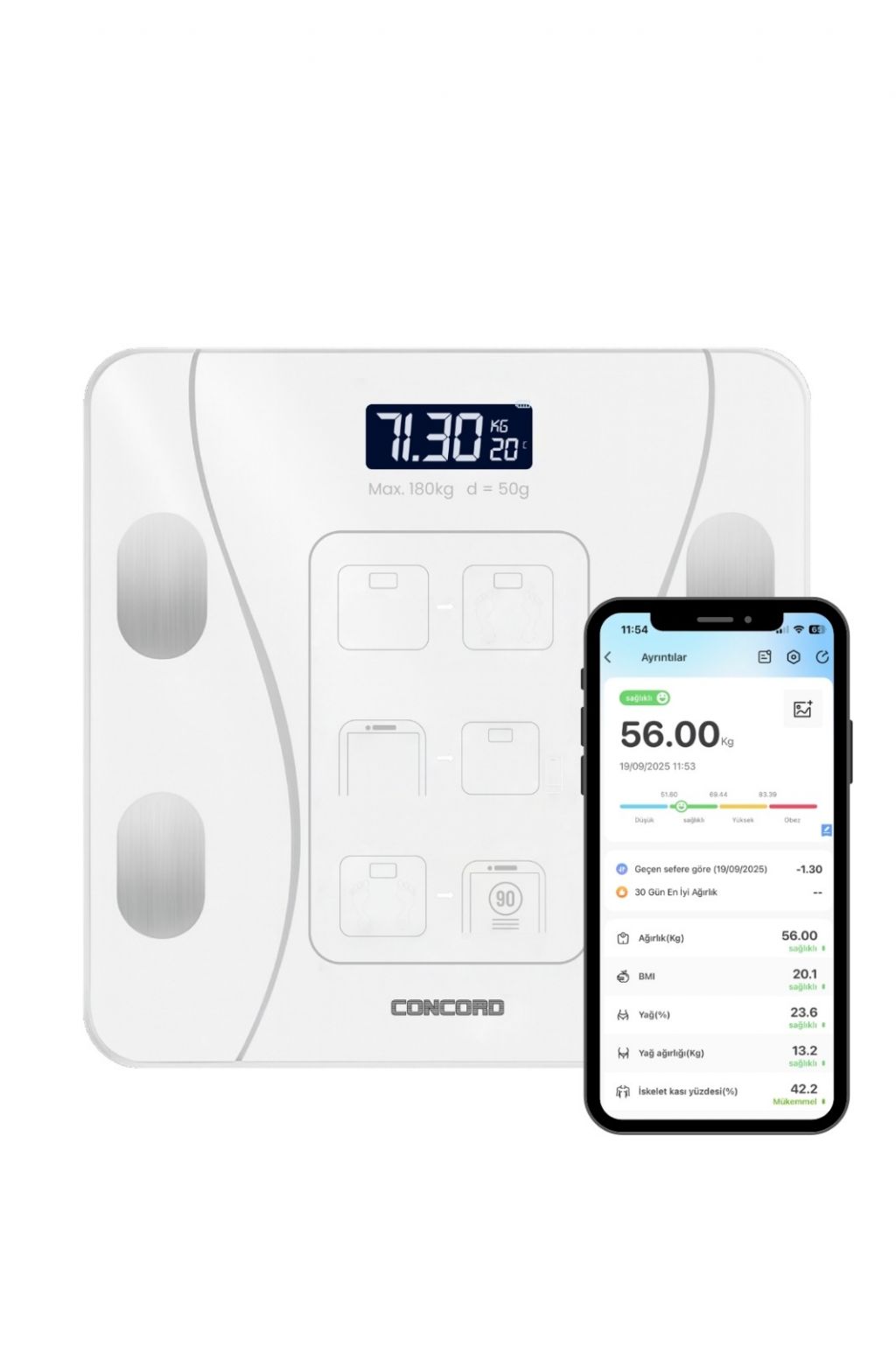 Concord C-W01 Bluetooth Akıllı Dijital Baskül Beyaz