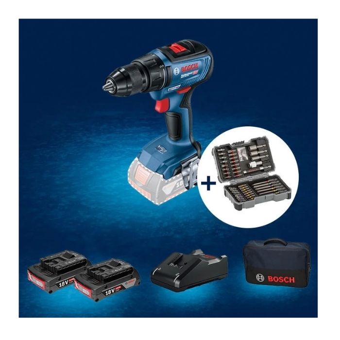 Bosch GSR 18V-50 2.0 Ah Profesyonel Çift Akülü Vidalama + 43 Parça Uç Seti 06019H5004