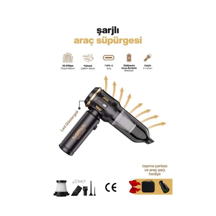 Mpia MCV-05 Gold Edition 10 IN 1 7600mAh 20000PA Emiş Gücü Şarjlı Taşınabilir Type-C Araç El Süpürgesi
