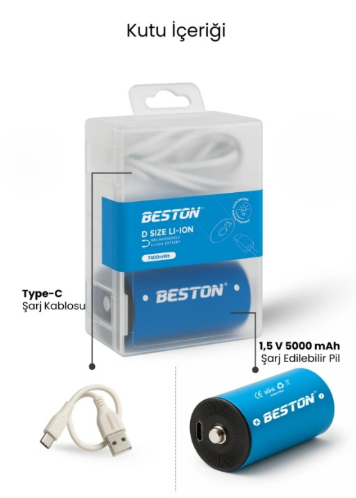 Beston 1.5V Büyük Boy D Şarjlı Lityum Pil 7400mWh, Type-C