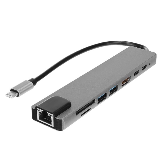 Hytech HY-USBC83 4K@30Hz Gri Metal 2xUSB3.0, 1xUSB2.0, 1000Mbps PD, TypeC Data, SD/TF Kart Okuyucu Type C Adaptör