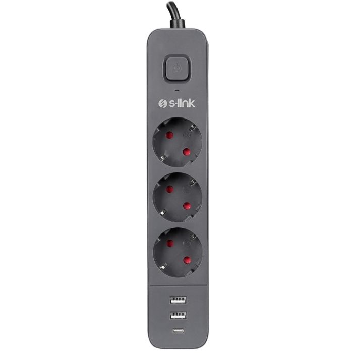 S-link SPG03U 2 Usb +1 Type C 1.5m 100% Bakır 3 lü Anahtarlı Akım Korumalı Siyah Priz